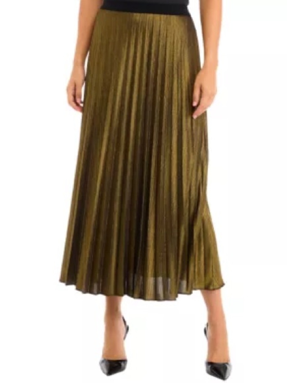 Missguided Olive Green Metallic Pleated Midi Skirt